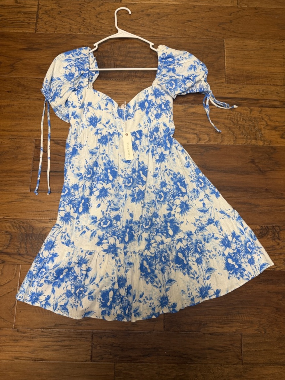Olivaceous Blue & White Floral Puff-Sleeve Mini Dress